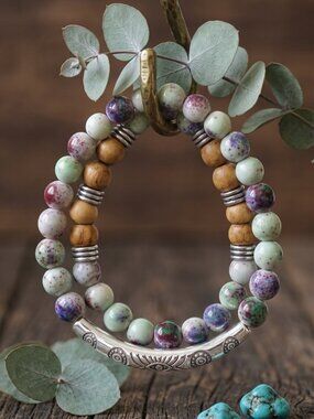 Beaded Stretch Wrap Bracelet Sage Green Tan Wood Silver Tube Boho Stackable 14"